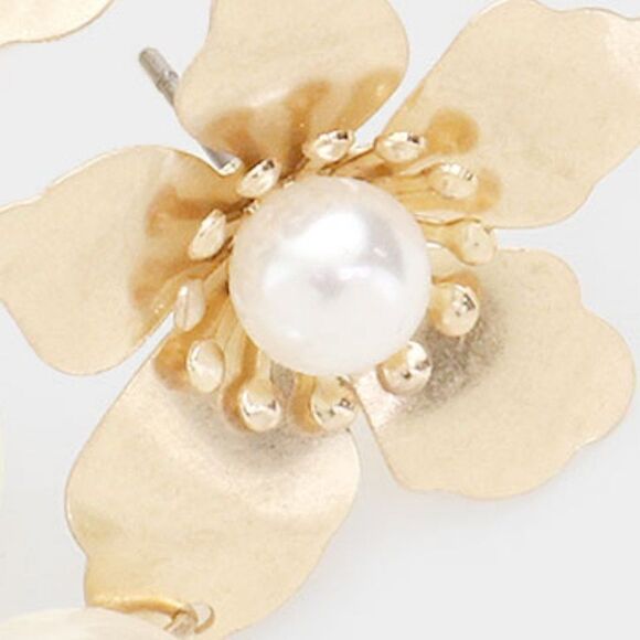 Tell Your Tale Metal Flower & Pearl Dangle Gold Earrings - Picture 2 of 6